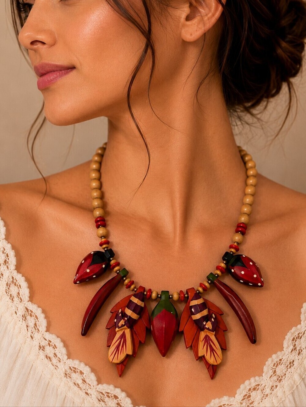 Vintage Philippine Wood Strawberries and Bees Festival Beaded Necklace